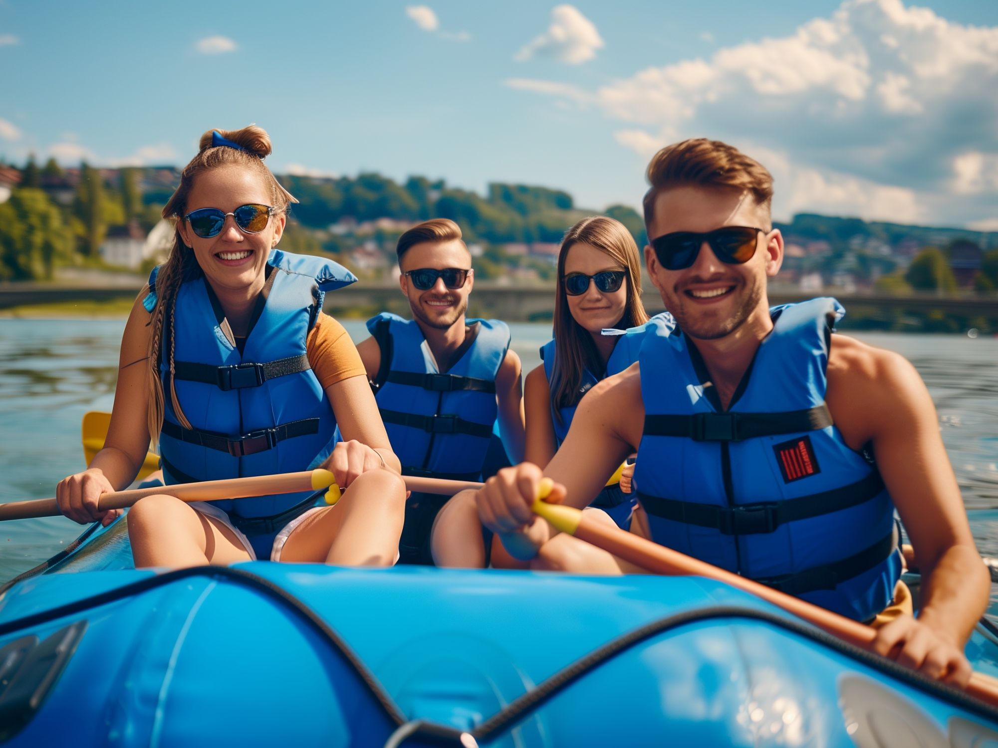 4 people in blue raft on rhein
