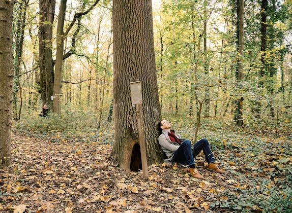 Mann sitzt am Baum