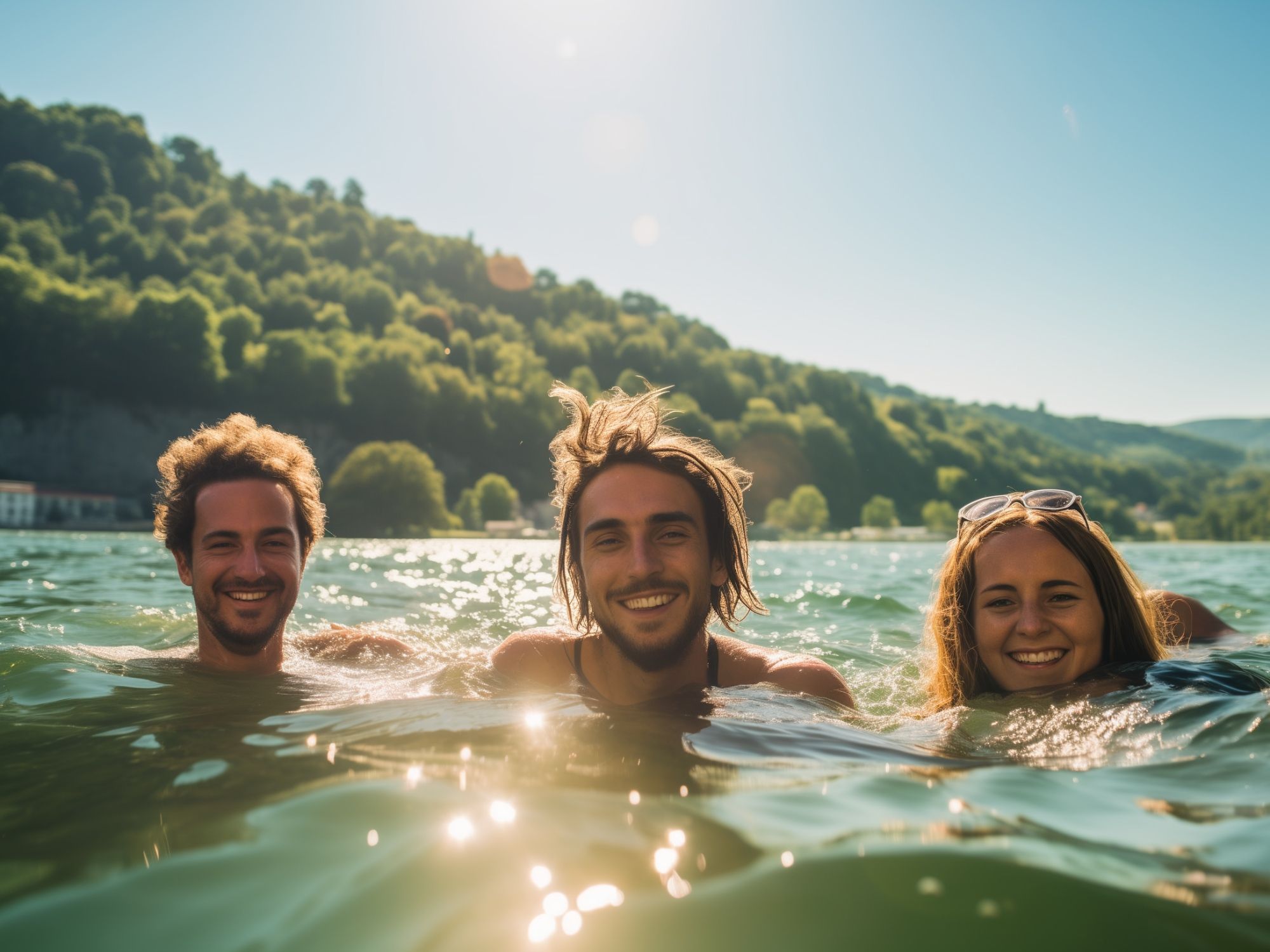 three people swimming in rhein
