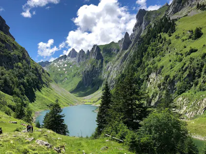 Faelensee: Blick auf den klaren See umgeben von Bergen und gruenen Wiesen im Sommer.