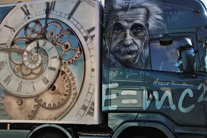 Lkw mit Motiven von Albert Einstein und Uhrenmechanik auf der Seite