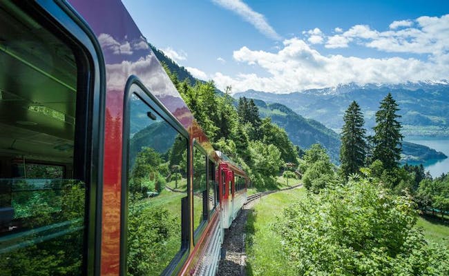La Rigi-Bahn percorre i pendii verdi lungo il lago con vista sulle montagne.