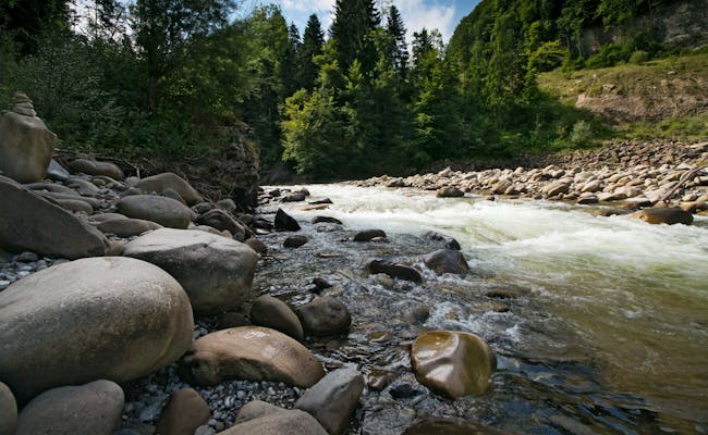 Emme : paysage fluvial dans la biosphère UNESCO d'Entlebuch, entouré de beaux arbres et rochers