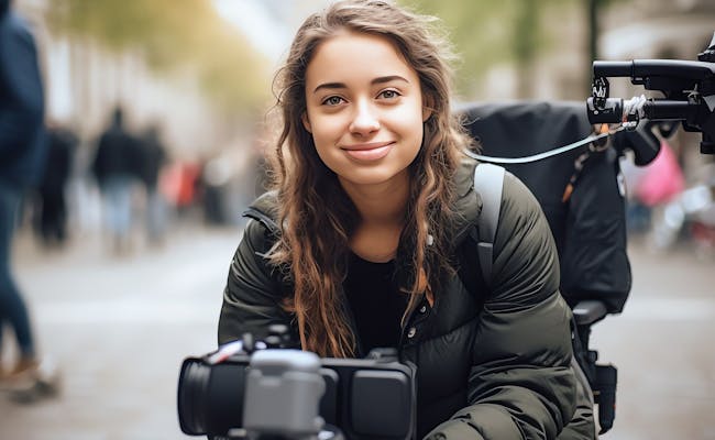 Sedia a rotelle: giovane donna con la camera in città, in movimento accessibile, ambiente urbano