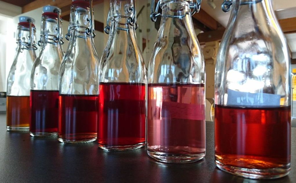 Bebidas de fruta em garrafas de vidro, vermelhas, numa mesa