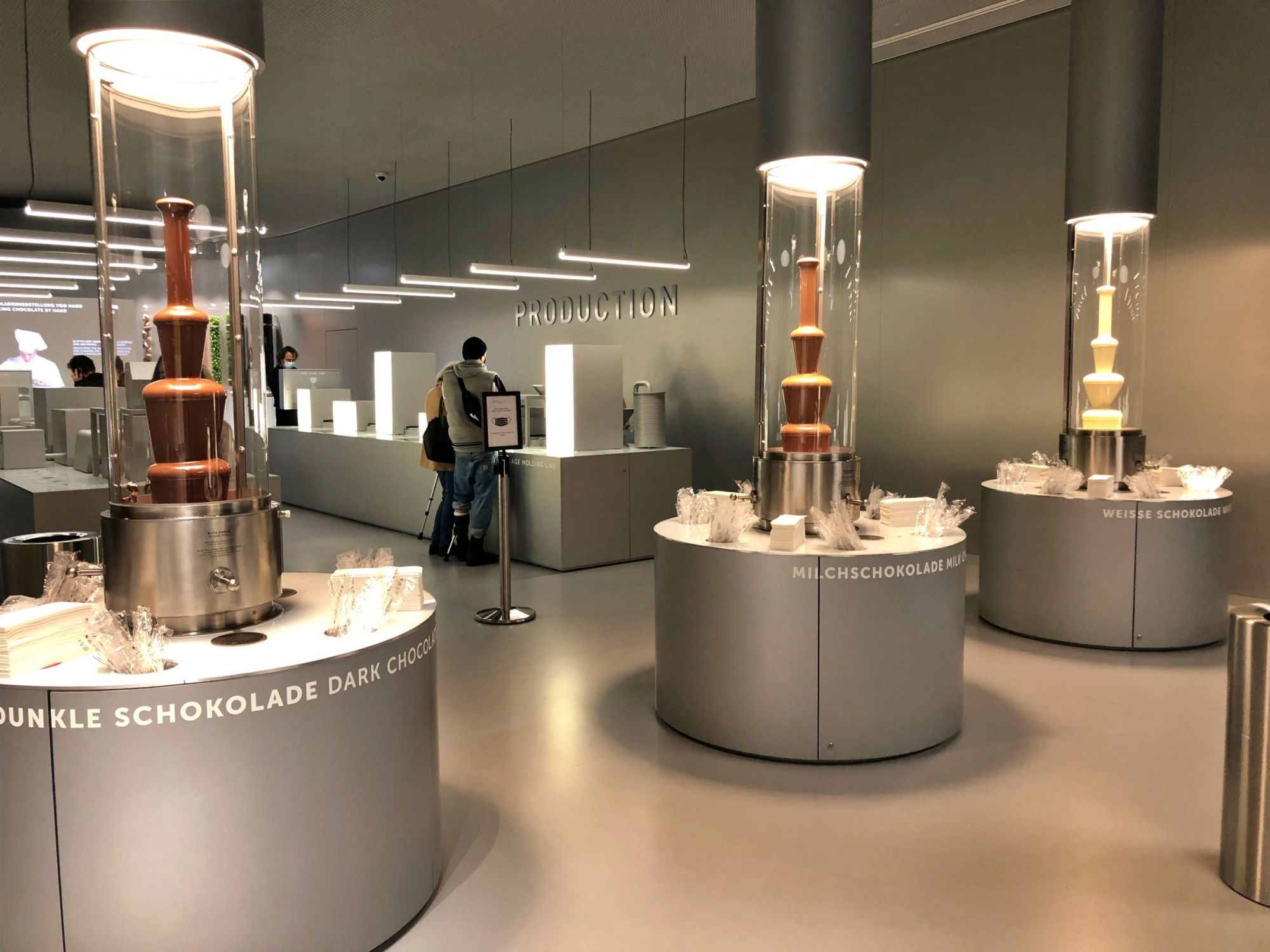 Chocolate fountain in the Lindt Home of Chocolate with dark, milk, and white chocolate.