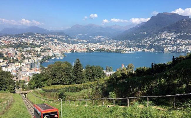 Standseilbahn Monte San Salvatore fährt durch Weinberge, Blick auf den Comersee.