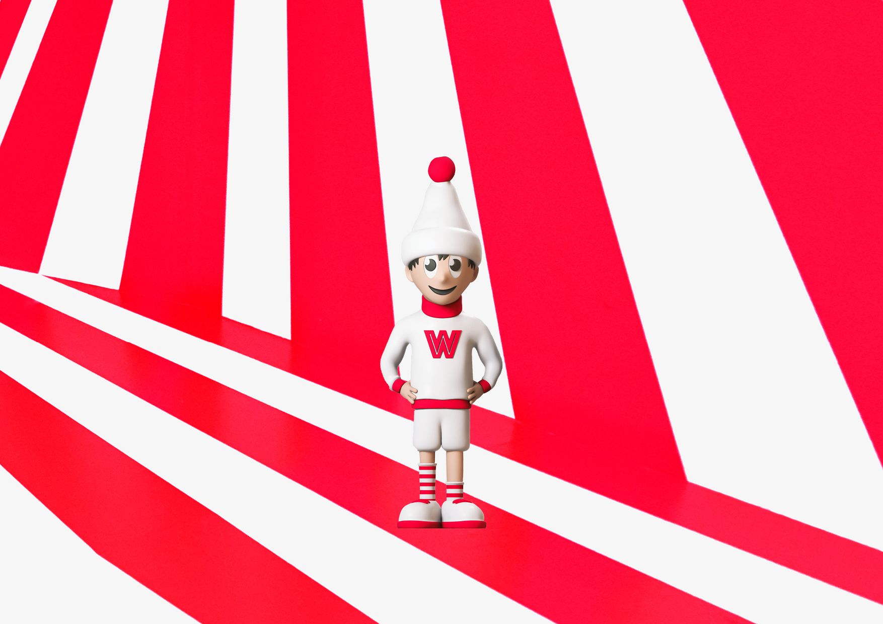 वल्लो : लाल और सफेद पोशाक में एक मजेदार पात्र एक रचनात्मक पृष्ठभूमि के सामने