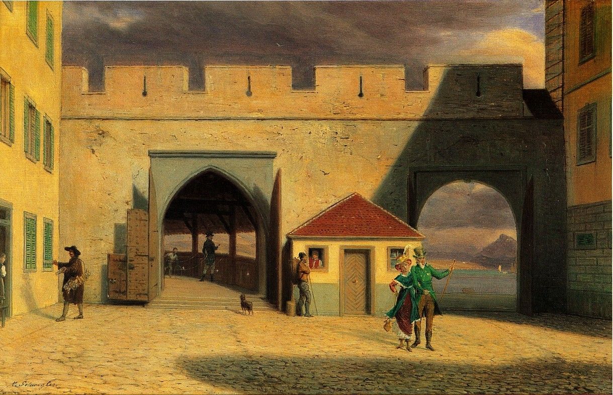 Tore: Historisches Bild mit Figuren und Architektur im malerischen Stil von Xaver Schwegler.