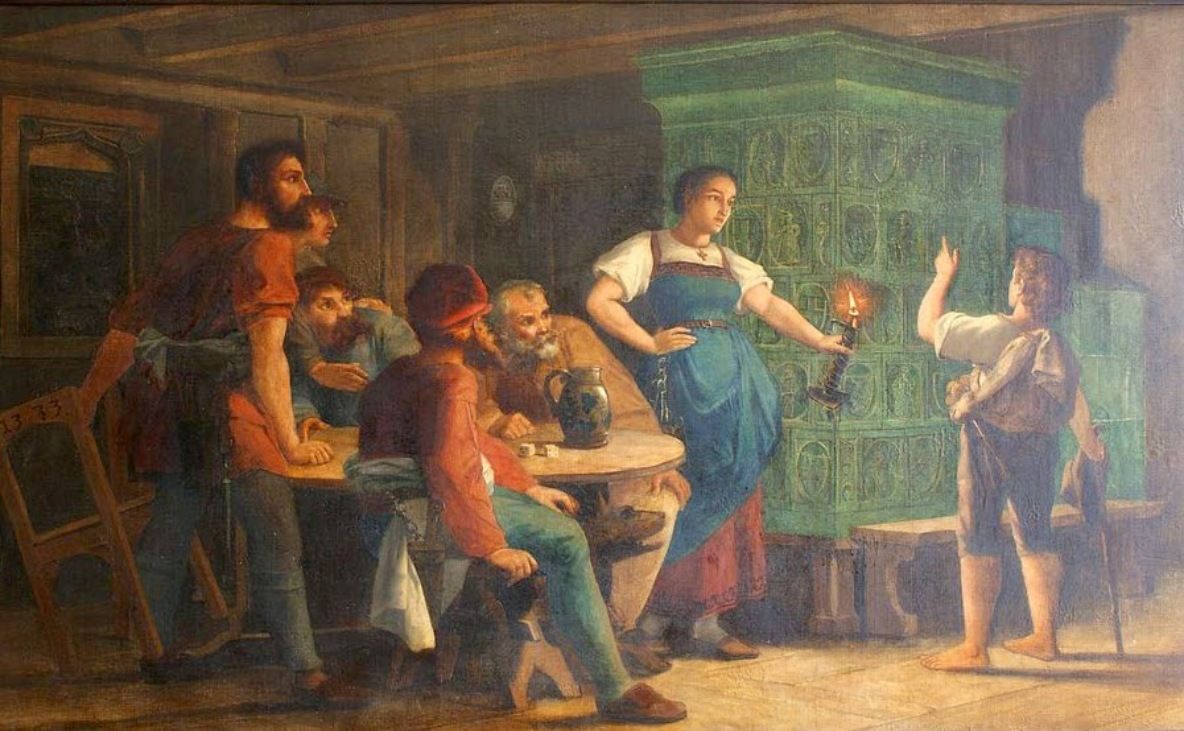 Mordnacht: Szene in einer alten Metzgerei mit Menschen und historischem Ofen, Fleisch und handwerklichem Flair