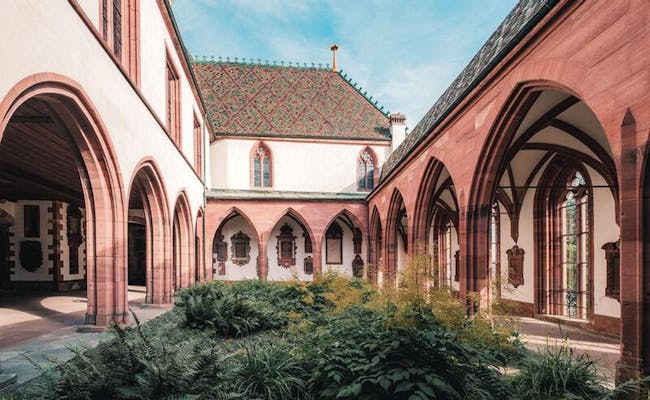 Dziedziniec Münster w Bazylei z historycznymi budynkami i zielonymi nasadzeniami.