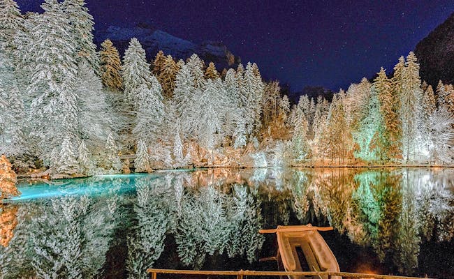 Blausee: Winterlandschap met sneeuwbedekte bomen en rustig water. Ontdek natuurpark Blausee.