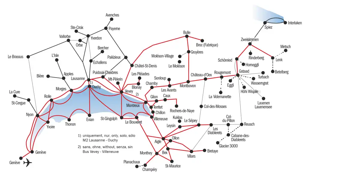 แผนที่เลอมาน-แอลป์: แผนที่ภาพรวมสำหรับมอนเทรอซ์ที่มีสถานีรถไฟสำคัญและเส้นทางสู่ภูมิภาคนี้.