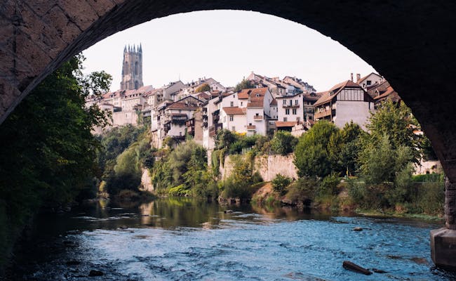 Fiume Sarine a Friburgo con architettura storica e ponte, ideale per passeggiate e osservazioni della natura.