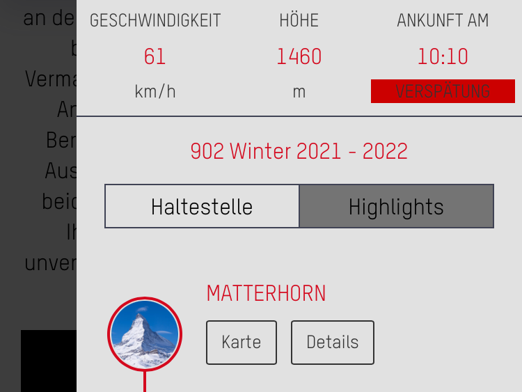 Ecrã de Infotainment do Glacier Express com aviso de atraso e destaques