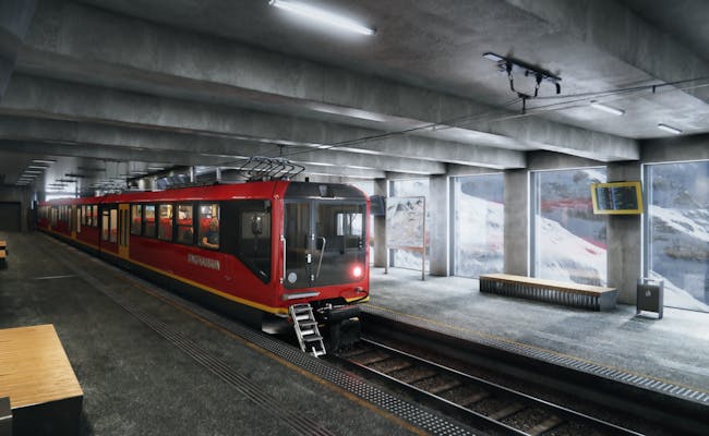 Eiger-Gletschers stationen Jungfraujoch med rød tog og vinterscene.