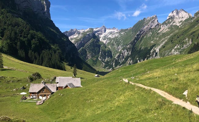 Seealpsee: smuk natur med bjerge og gåvej om sommeren, perfekt til vandreture.