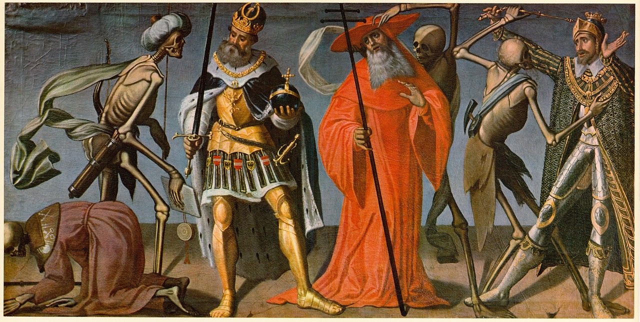 Totentanz: eindrucksvolles Gemälde mit Skeletten und Figuren, die den Tod symbolisieren.