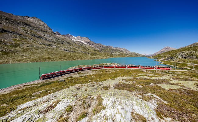 Bernina Express aan het Lago Bianco: pittoresk berglandschap met trein en meer in Zwitserland