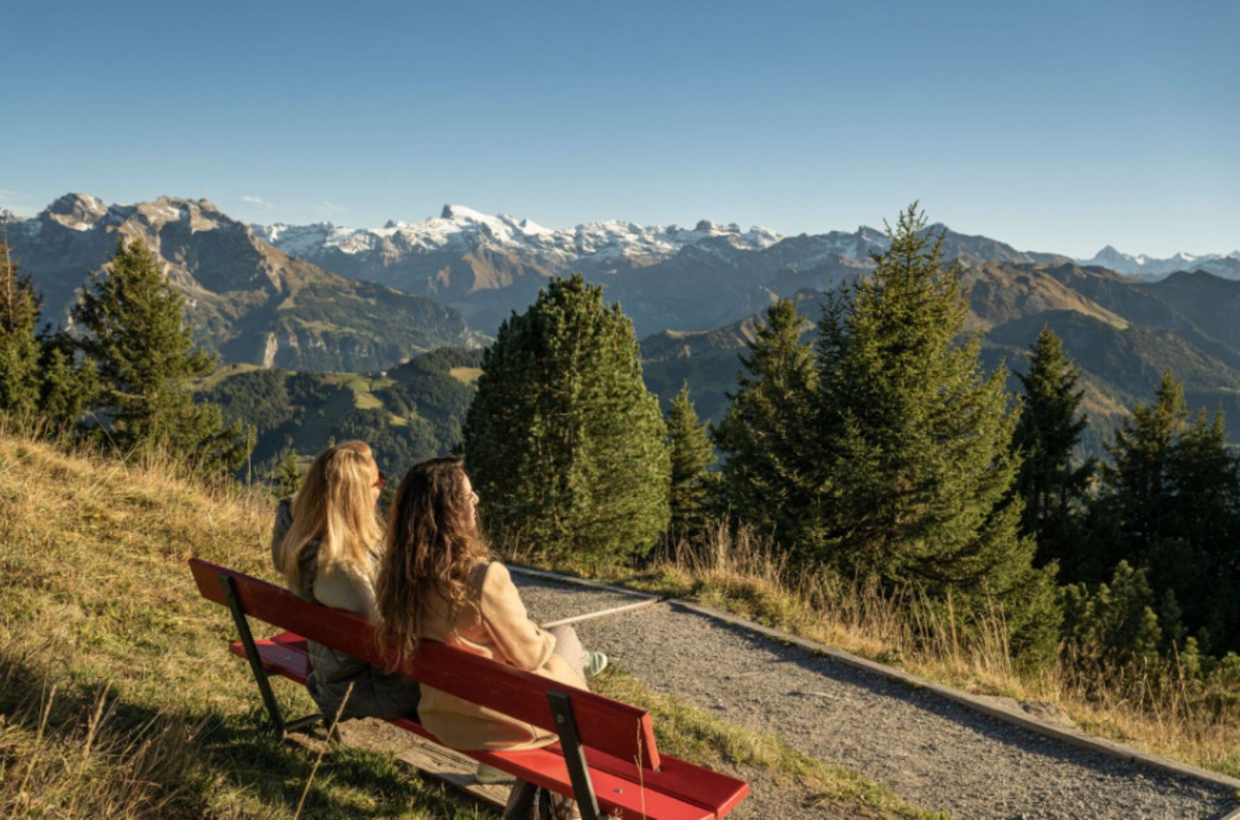 Banc de vue au Stanserhorn avec vue sur le paysage alpin par temps clair. Idéal pour se détendre.