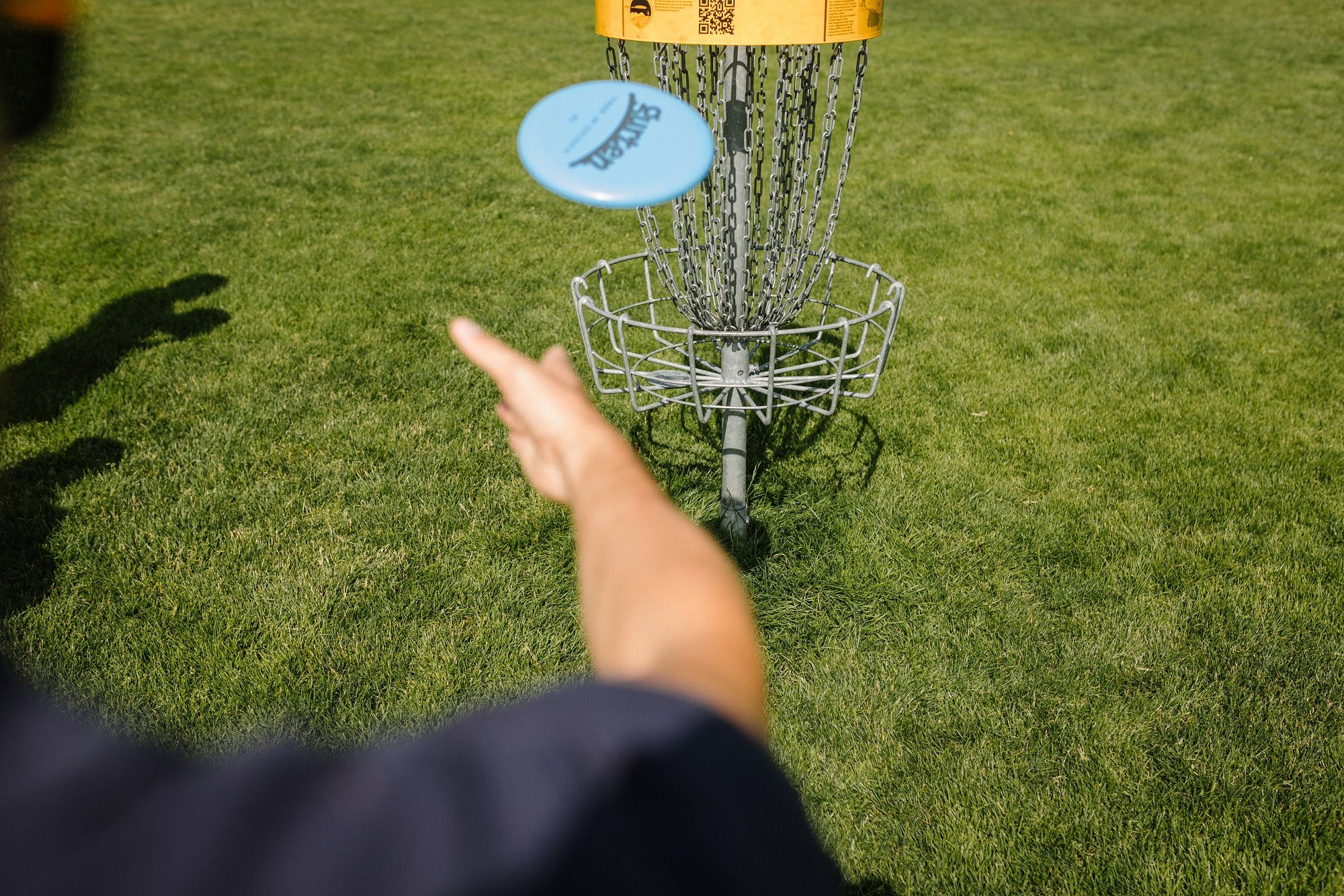 Discgolf di Taman Gurten: pemain melempar frisbee ke dalam bakul, padang hijau, aktiviti sukan.