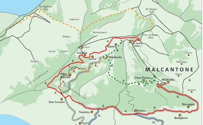 Mapa MTB Monte Lema z trasami do jazdy na rowerze górskim i wędrówek w Alpach.