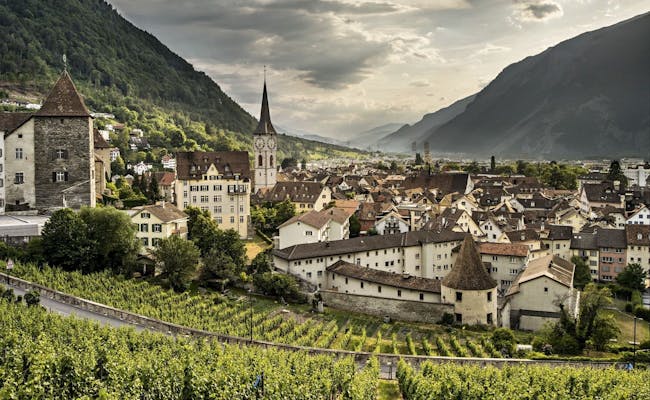 Vue sur Chur avec panorama montagneux, bâtiments historiques et vignes en Suisse.