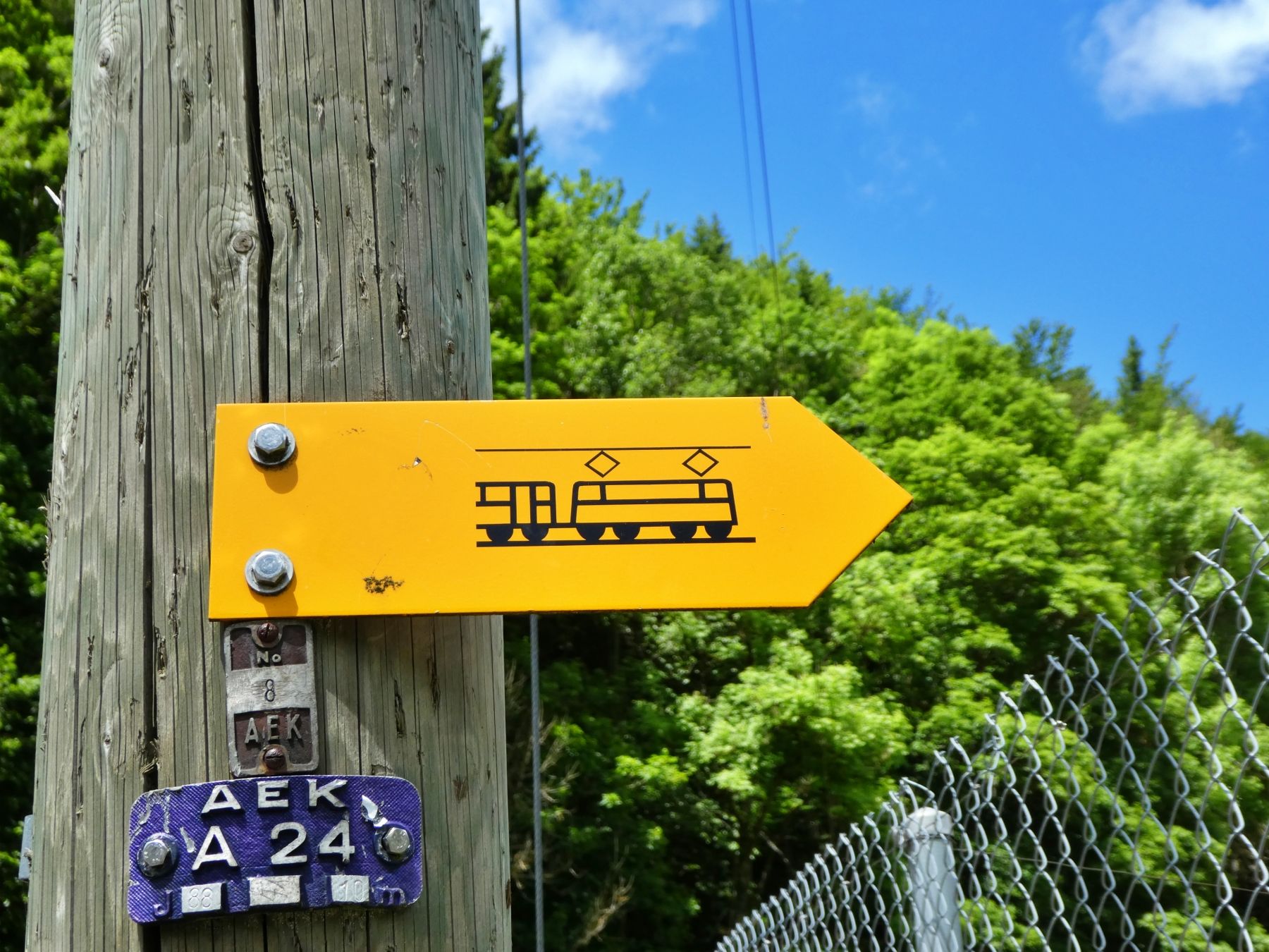 Signpost to the train in Bern shows direction. Green surroundings, blue sky.