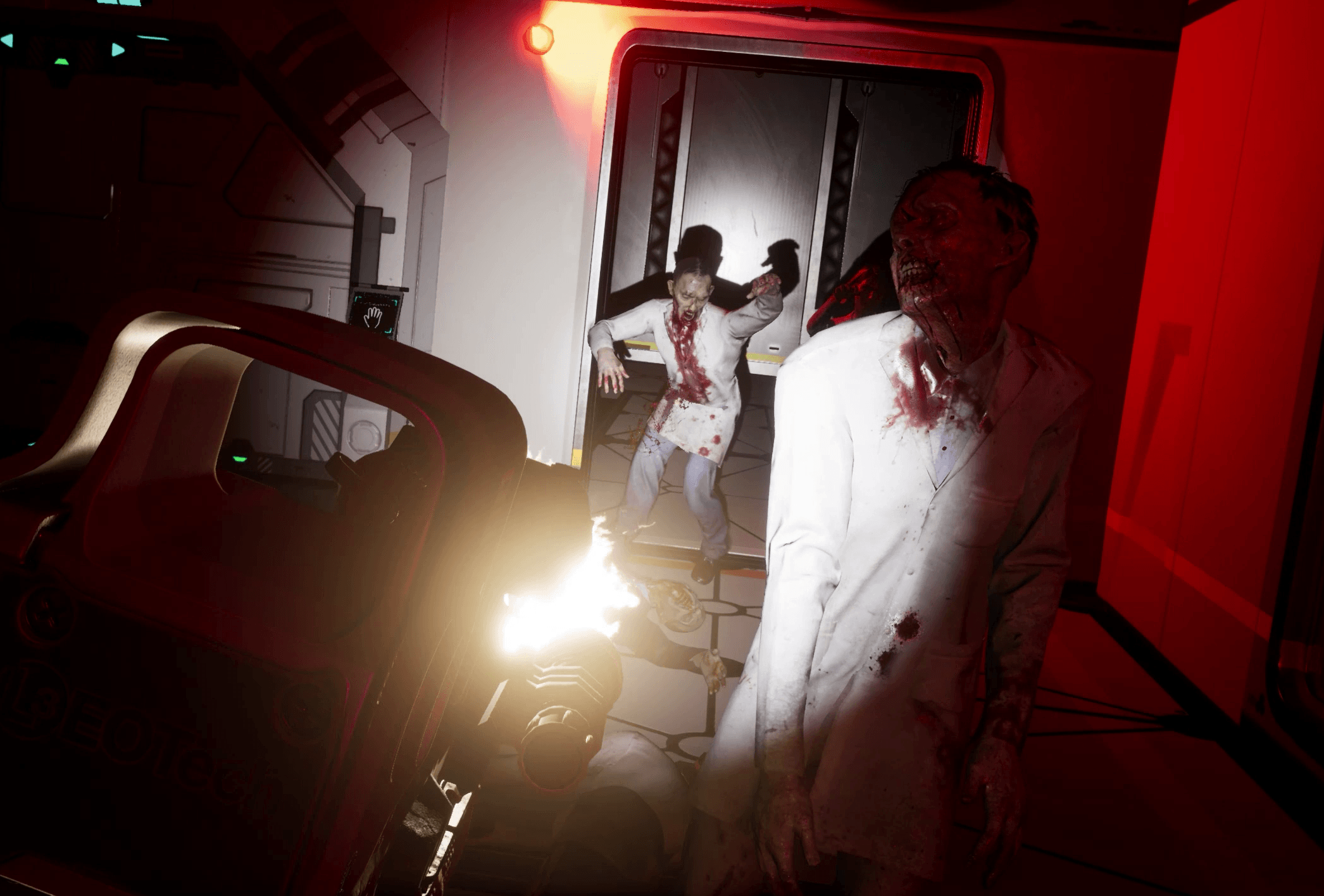 VRゲーム：リアルなゾンビアクションを迫力のあるゲームセットで、緊張感とチームワークを体験しよう。