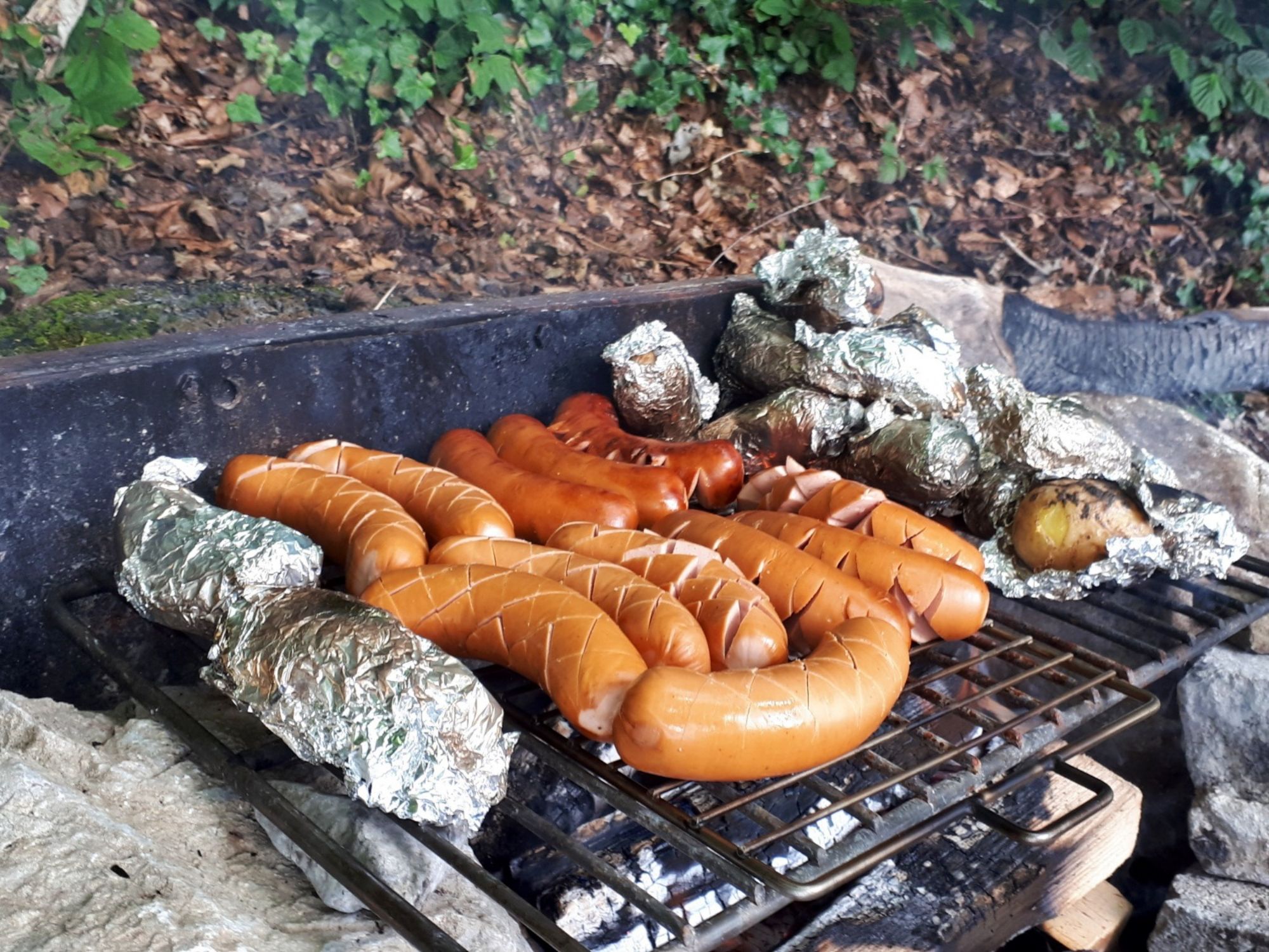 Kayak Grill Tour: Grilling in nature with sausages and potatoes in summer.