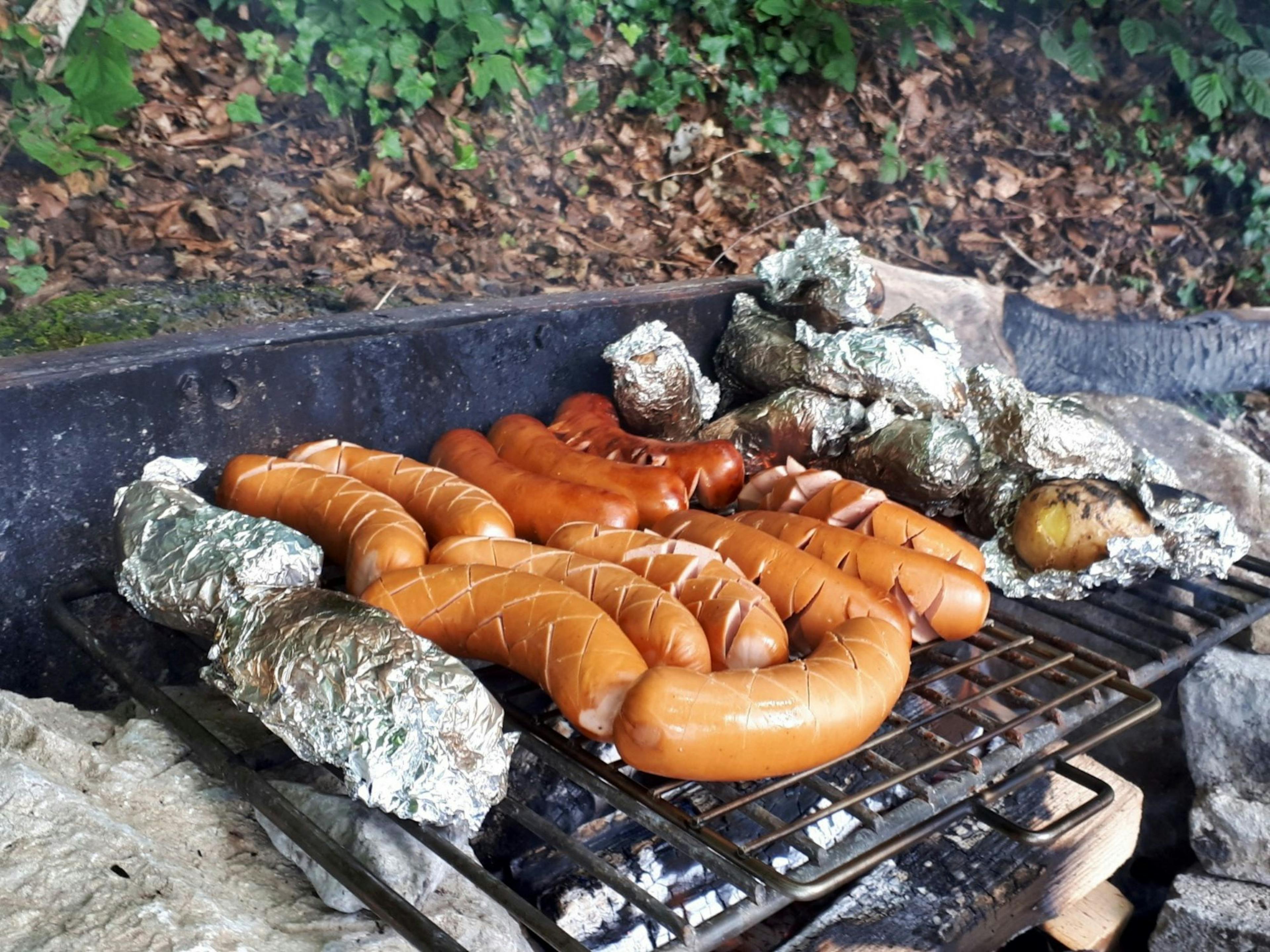 Zeekajak Grill-Tour: Grillen in de natuur met worstjes en aardappelen in de zomer.