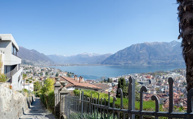 Ronco di sopra Ascona: Pemandangan tasik Maggiore dengan gunung dan alam semula jadi di latar belakang.