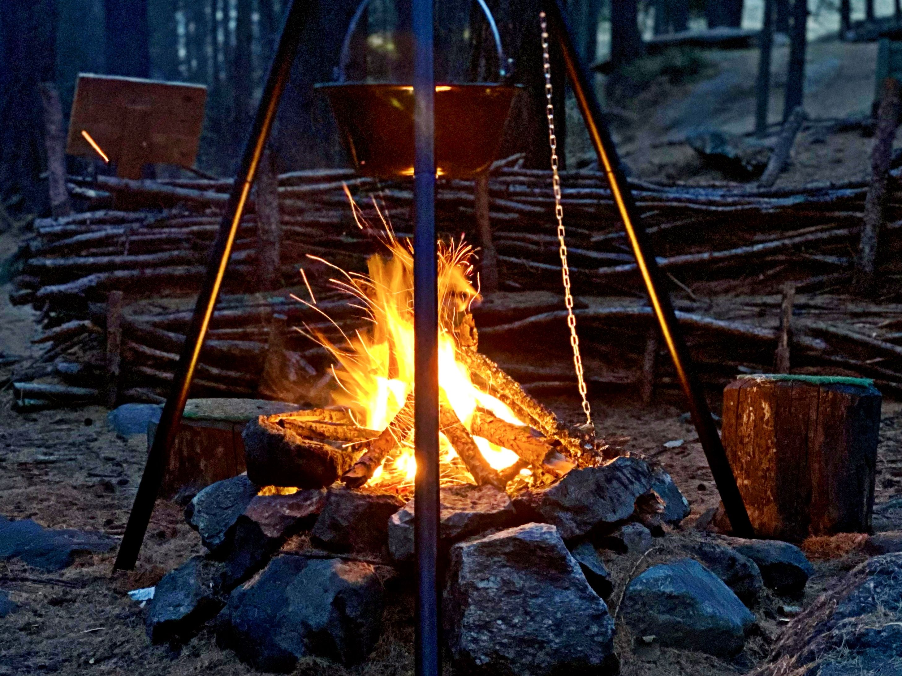 Очаг в Церматте с фондю-контейнером и дровами в лесу.