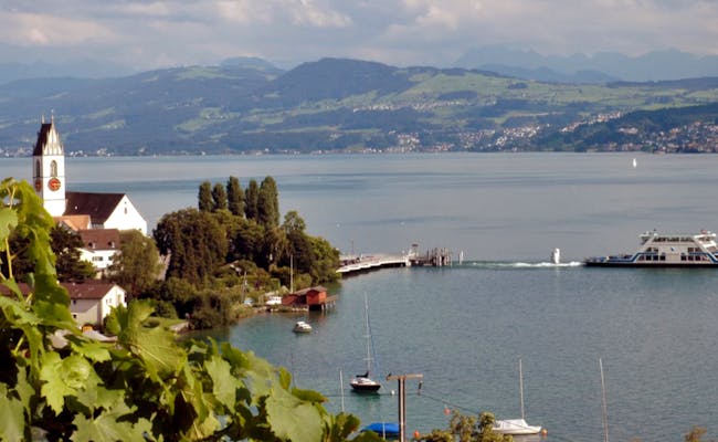 Zürichsee mit Schiff und Kirche, bewaldete Uferlandschaft
