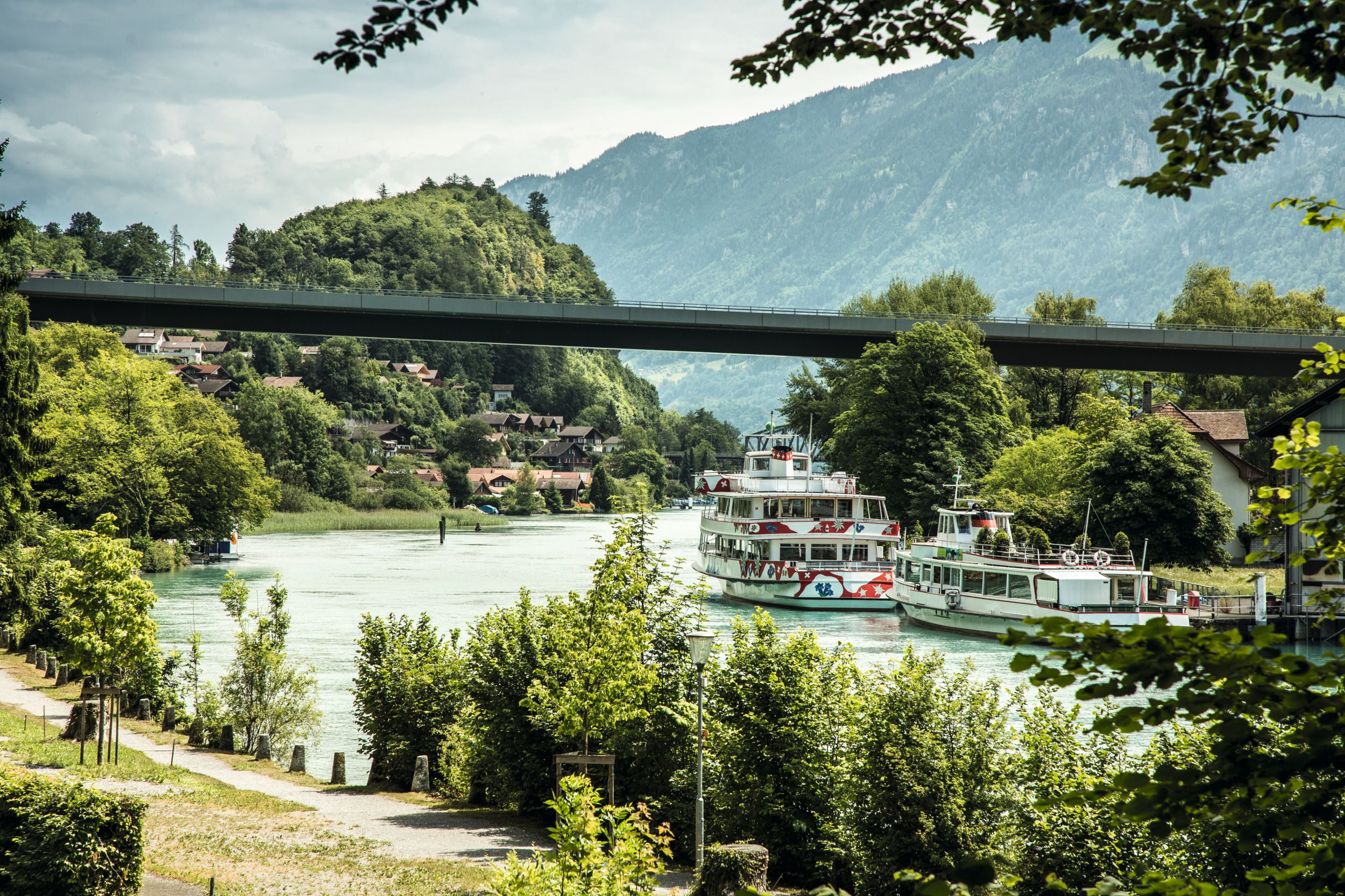 Ferry a Interlaken, paesaggio idilliaco con montagne, lago e verde circostante.