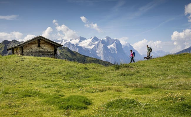 Caminatas por el Horizontweg en Meiringen, dos excursionistas en un campo verde, paisaje montañoso de fondo