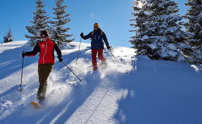 Snowshoe hiking in Arosa, snow, sunny sky