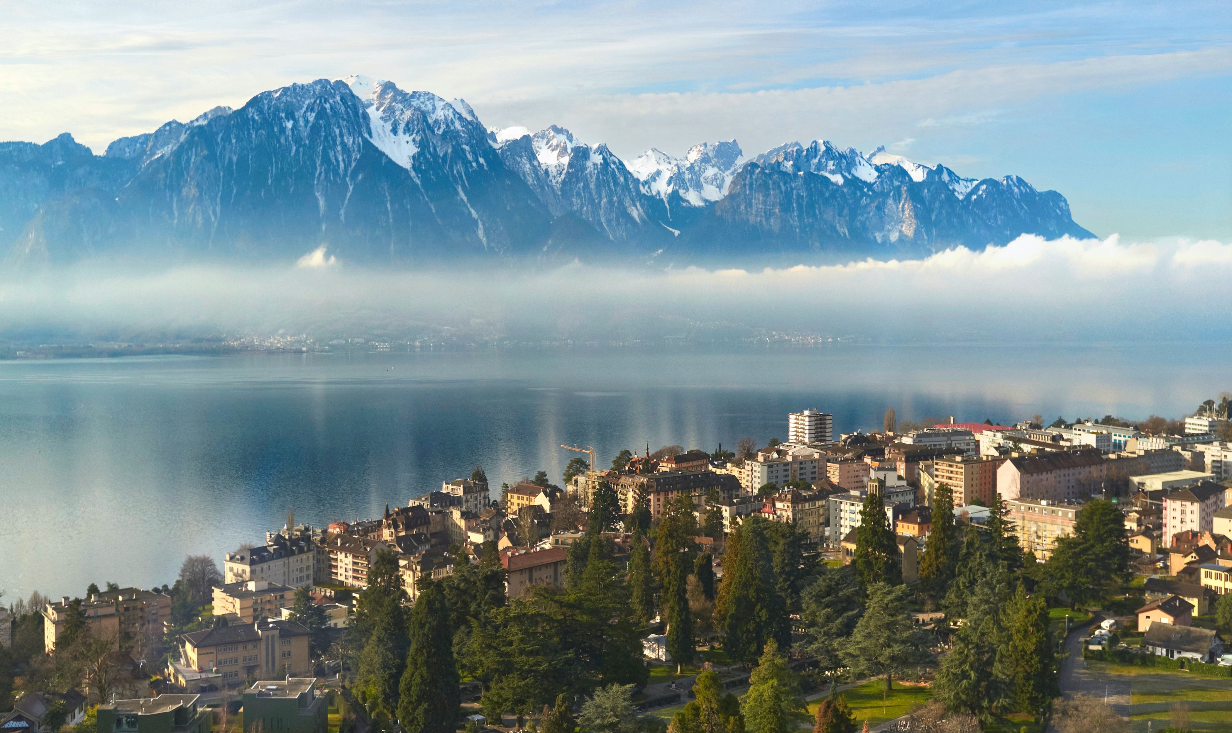 Mountain panorama near Montreux overlooking Lake Geneva and the Alps. Beautiful nature and a peaceful atmosphere.