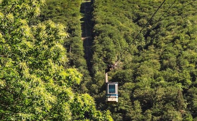 Seilbahn Verdaiso-Monte Comino fährt durch grüne Landschaft.