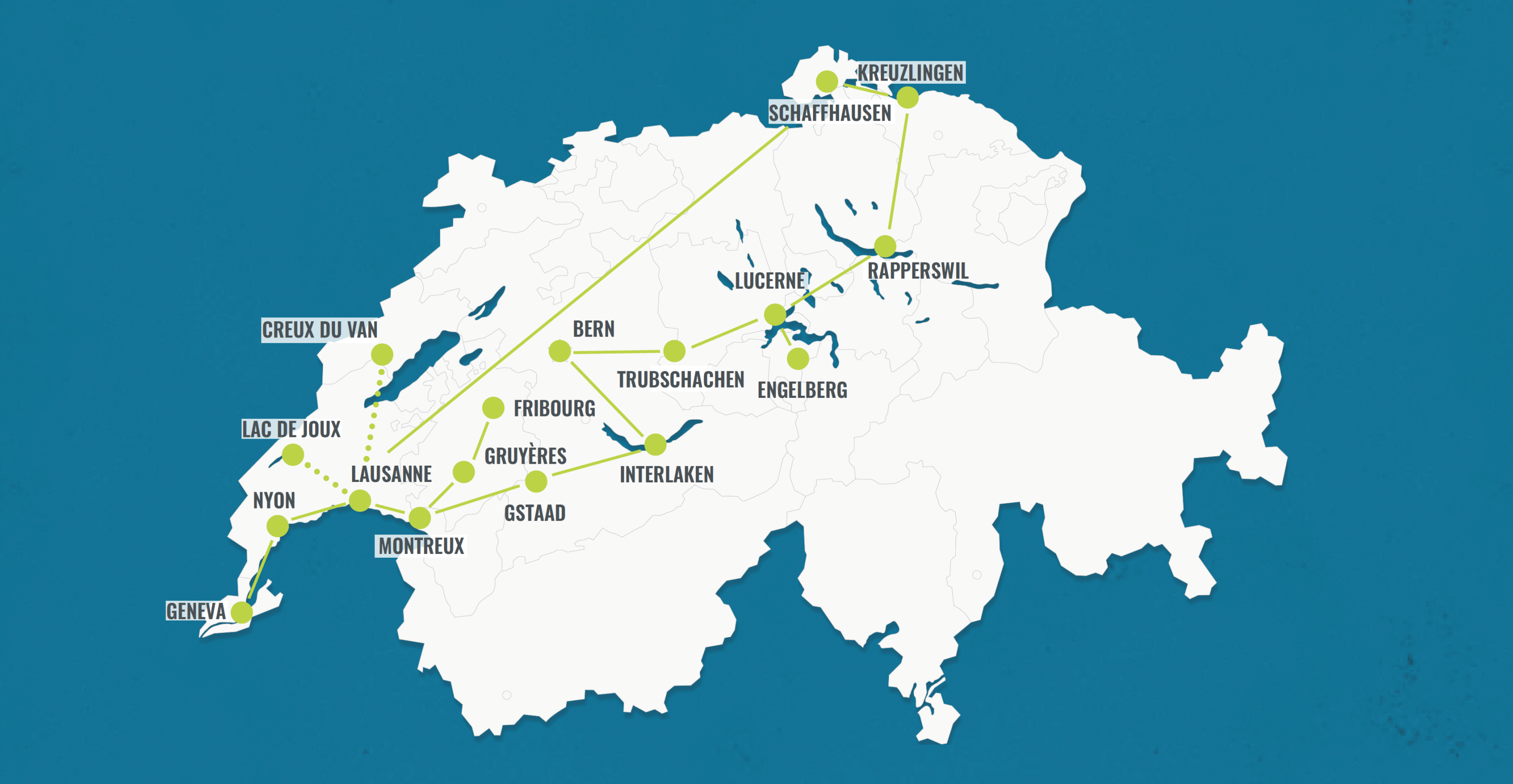 Itinéraire : 14 jours à travers la Suisse, le lac de Genève, les chutes du Rhin, le lac de Constance - paysages impressionnants.