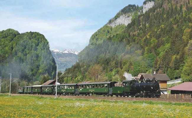 Albula Dampffahrt avec locomotive à vapeur, wagons verts et paysage montagneux.