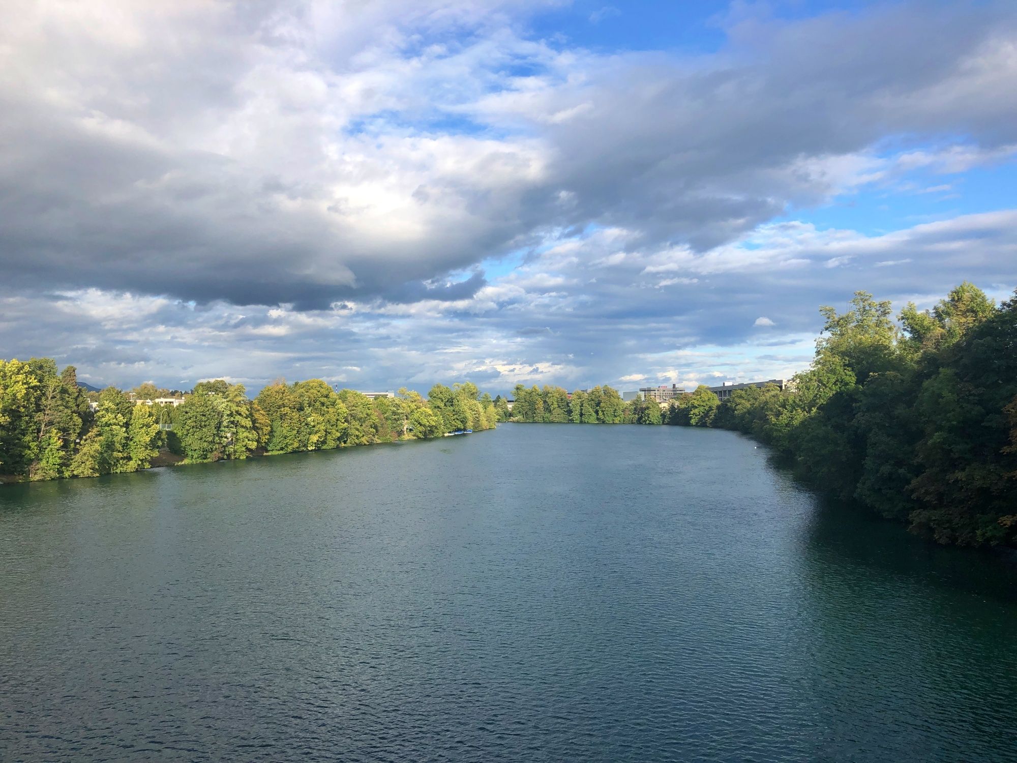 Aare près de Solothurn : rivière tranquille avec une nature luxuriante et des rives boisées sous un ciel nuageux
