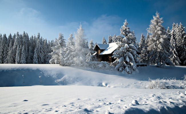 Paysage d'hiver dans la biosphère UNESCO d'Entlebuch avec des arbres enneigés et un chalet.