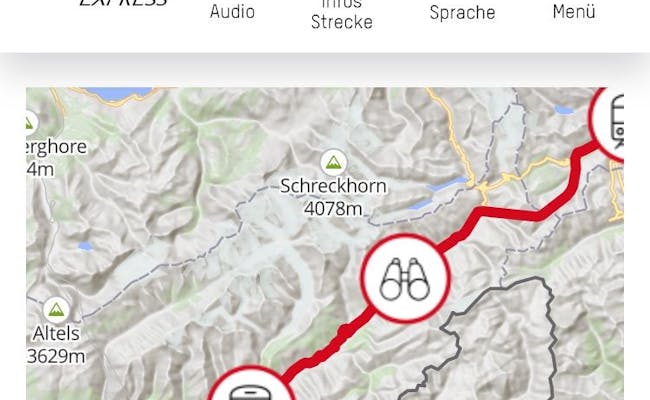 Interaktivt kort over Glacier Express med ruteinformation og højdeangivelser.