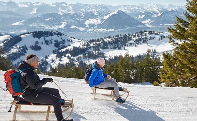 Zjeżdżanie na sankach na Rigi z widokiem na Alpy zimą.