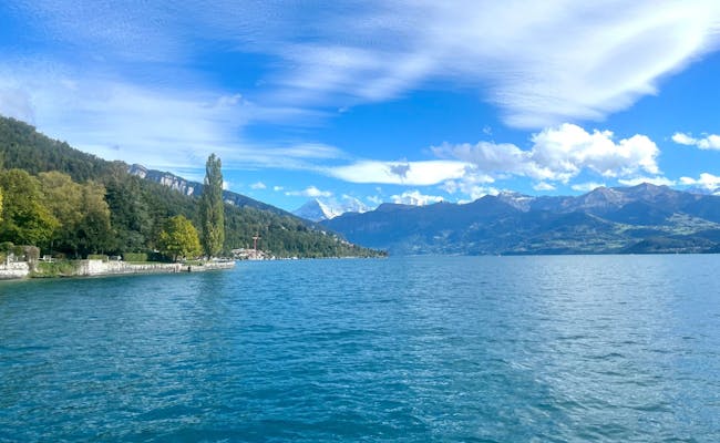 Thun Lake: Picturesque view of the blue lake, mountains, and lush nature in the summer landscape.