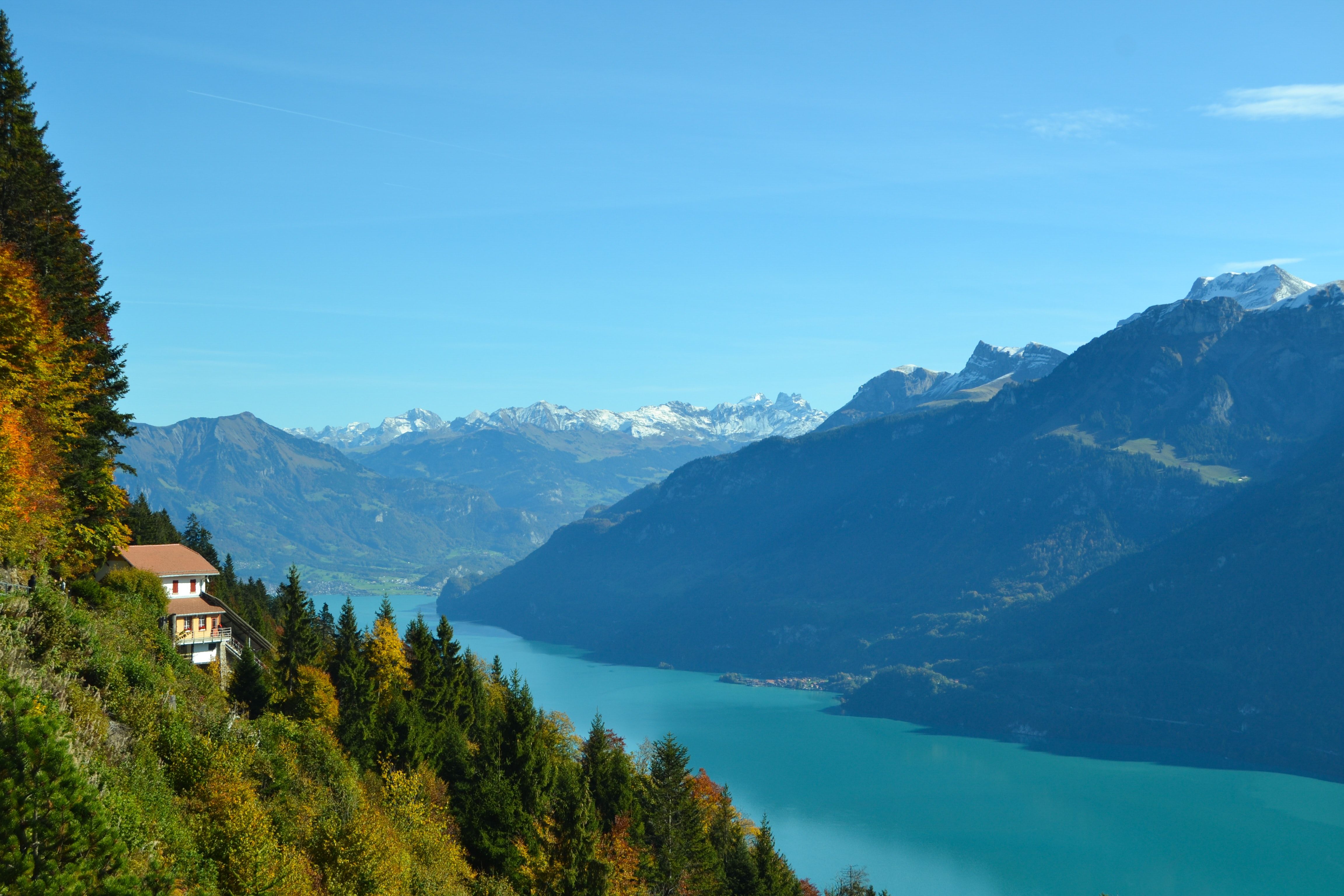 Harder Kulm-uitzicht met uitzicht op bergen en de turquoise rivier, ideaal voor natuurliefhebbers.