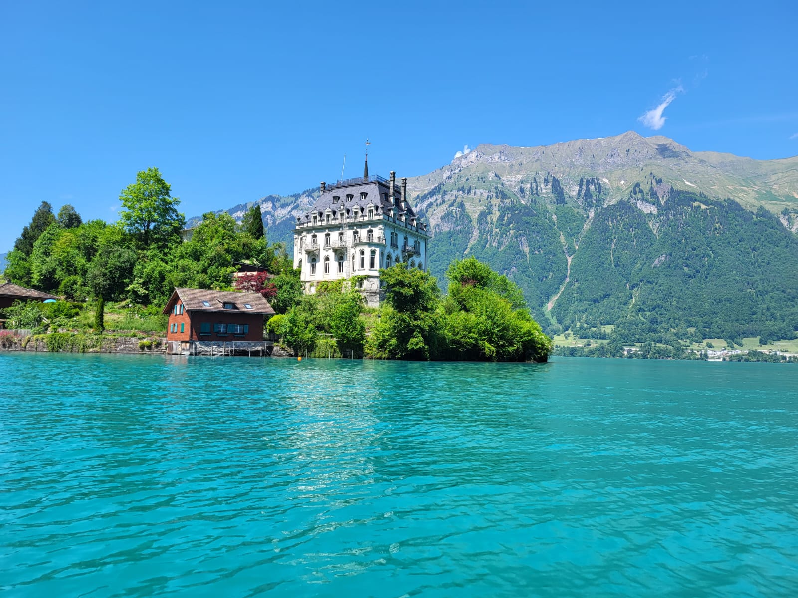 Brienzersee mit historischem Hotel, grüne Bäume, klare Wasseroberfläche