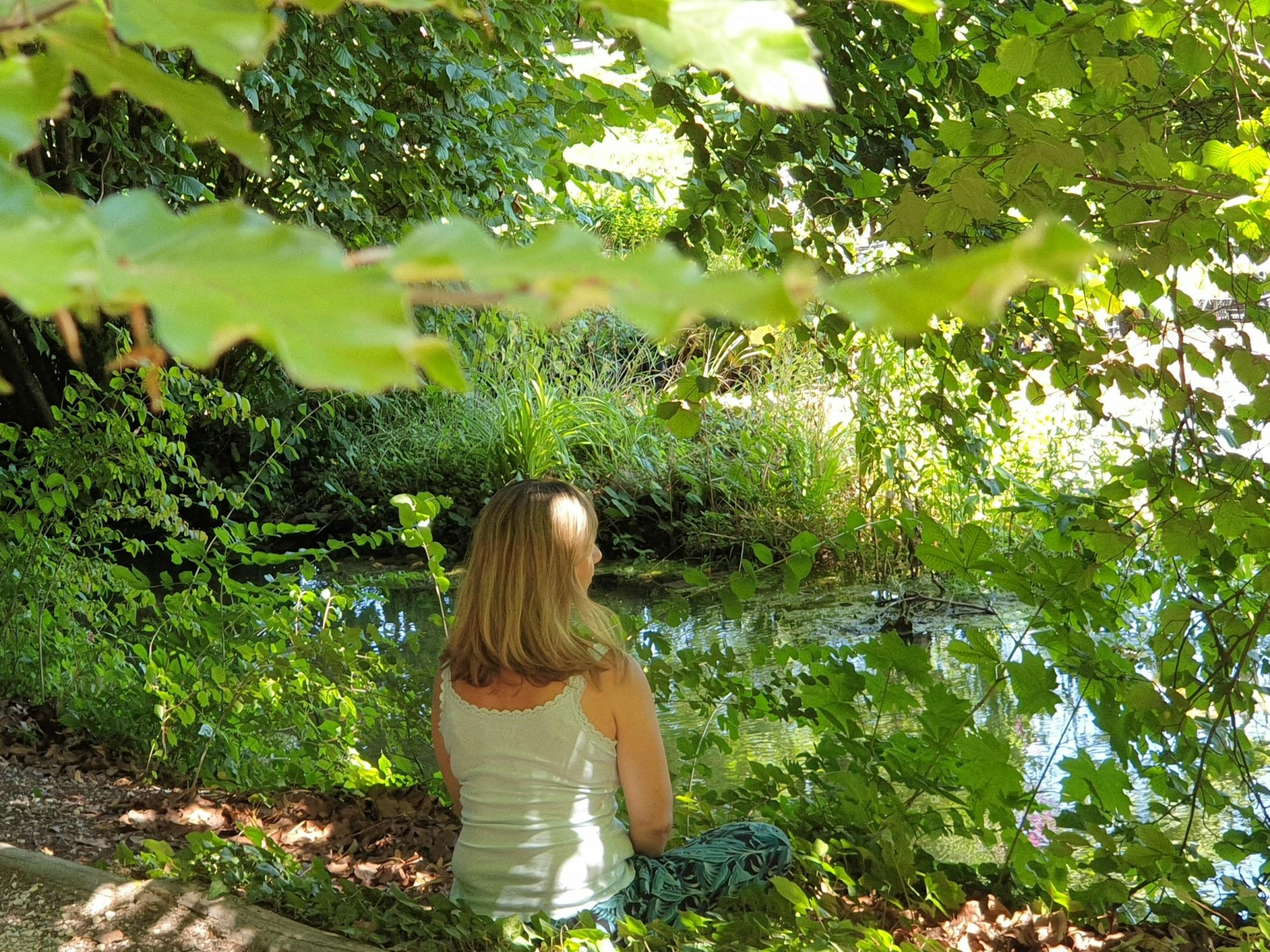 Forest Wellness: Relax while forest bathing in nature, surrounded by green plants and clear water.