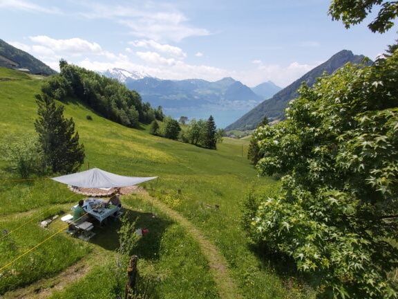Pouring concrete on Rigi in a green environment